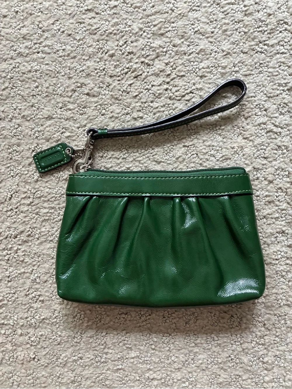 Coach Green Leather Corner Zip Wristlet with Logo